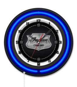 Indian Motorcycle Metal Shield 19" Black Case Blue Neon Clock