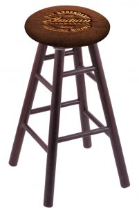 Round Cushion Dark Cherry Oak Stool with Brown Leather